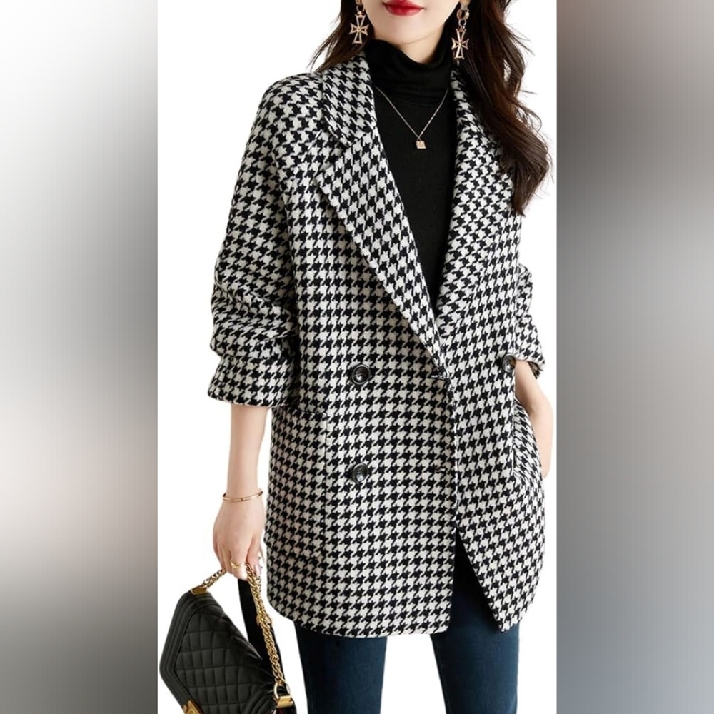 Notched Lapel Peacoat Double Breasted Blazer Jacket Houndstooth Black, White, M